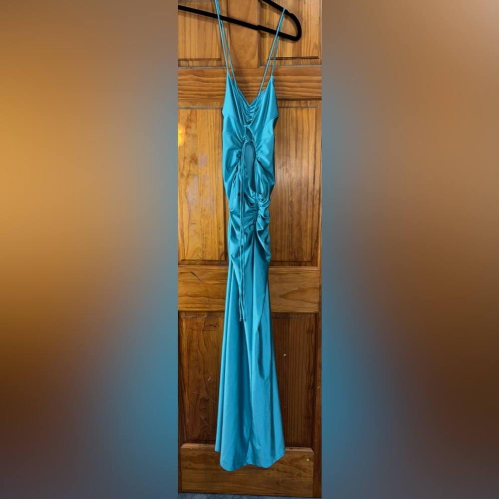 Teal Satin Criss Cross Gown - Picture 4 of 11